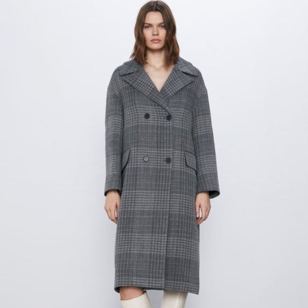 Zara NWT Gray Wool Blend Checked Lapel Collar Pocket‎ Double Breasted Coat Small